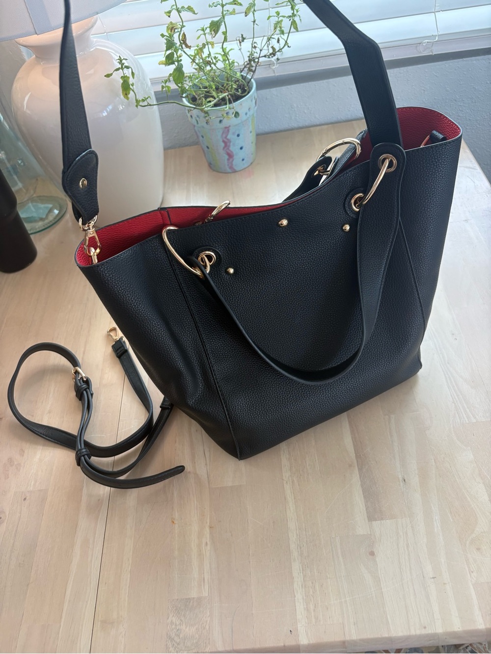 Black Tote Bag with Red Interior - Women's Shoulder Handbag